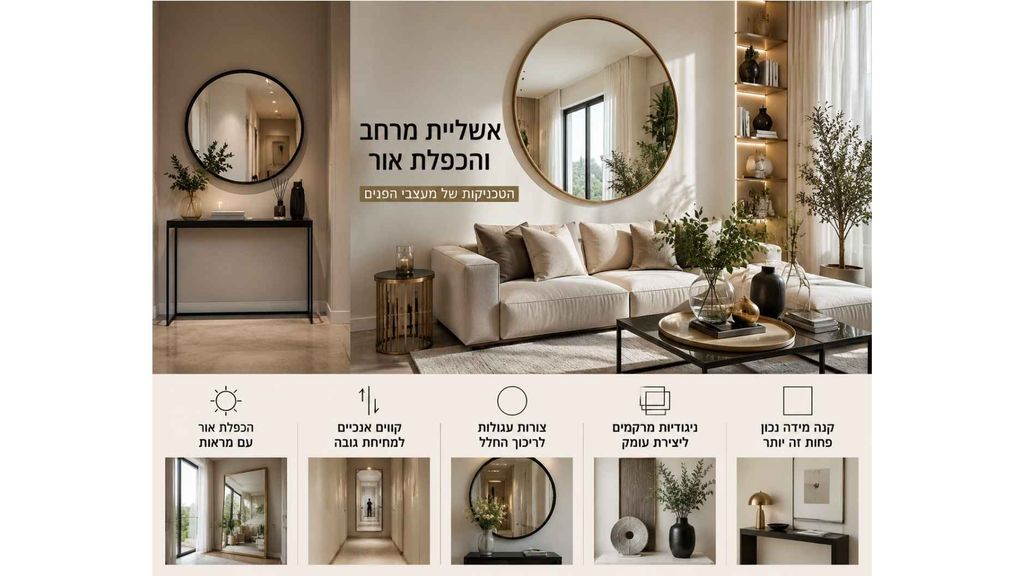 עיצוב פנים מודרני המדגים אשליית מרחב והכפלת אור בעזרת מראות מעוצבות לבית